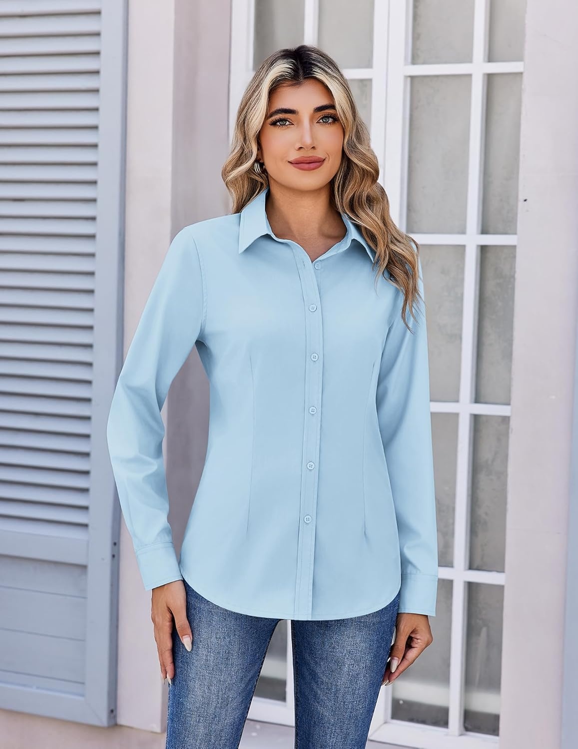 image:imageZeagoo Womens Wrinkle Free Button Down Shirts Long Sleeve Dress Shirts Collared Business Casual Blouses Tops XS3XLLight Blue