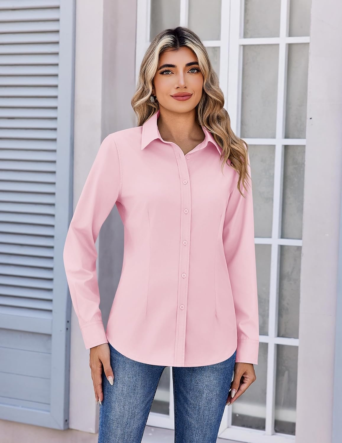image:imageZeagoo Womens Wrinkle Free Button Down Shirts Long Sleeve Dress Shirts Collared Business Casual Blouses Tops XS3XLPink