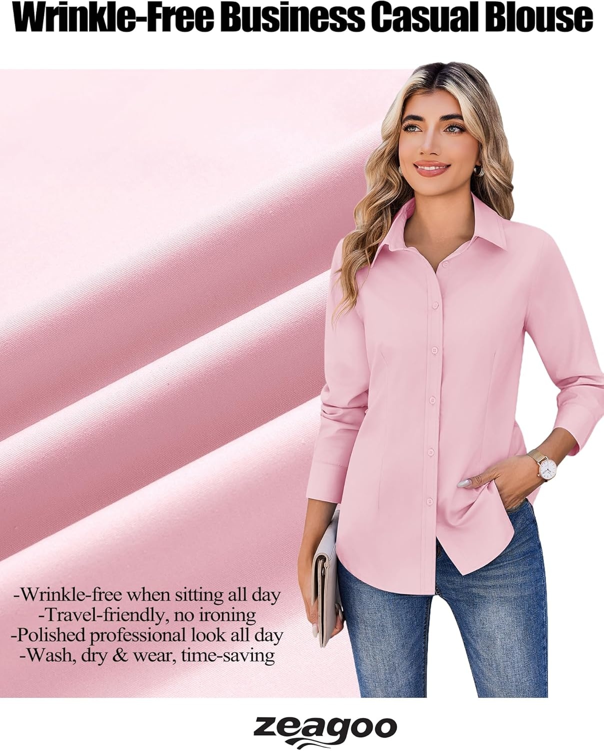 image:imageZeagoo Womens Wrinkle Free Button Down Shirts Long Sleeve Dress Shirts Collared Business Casual Blouses Tops XS3XLPink