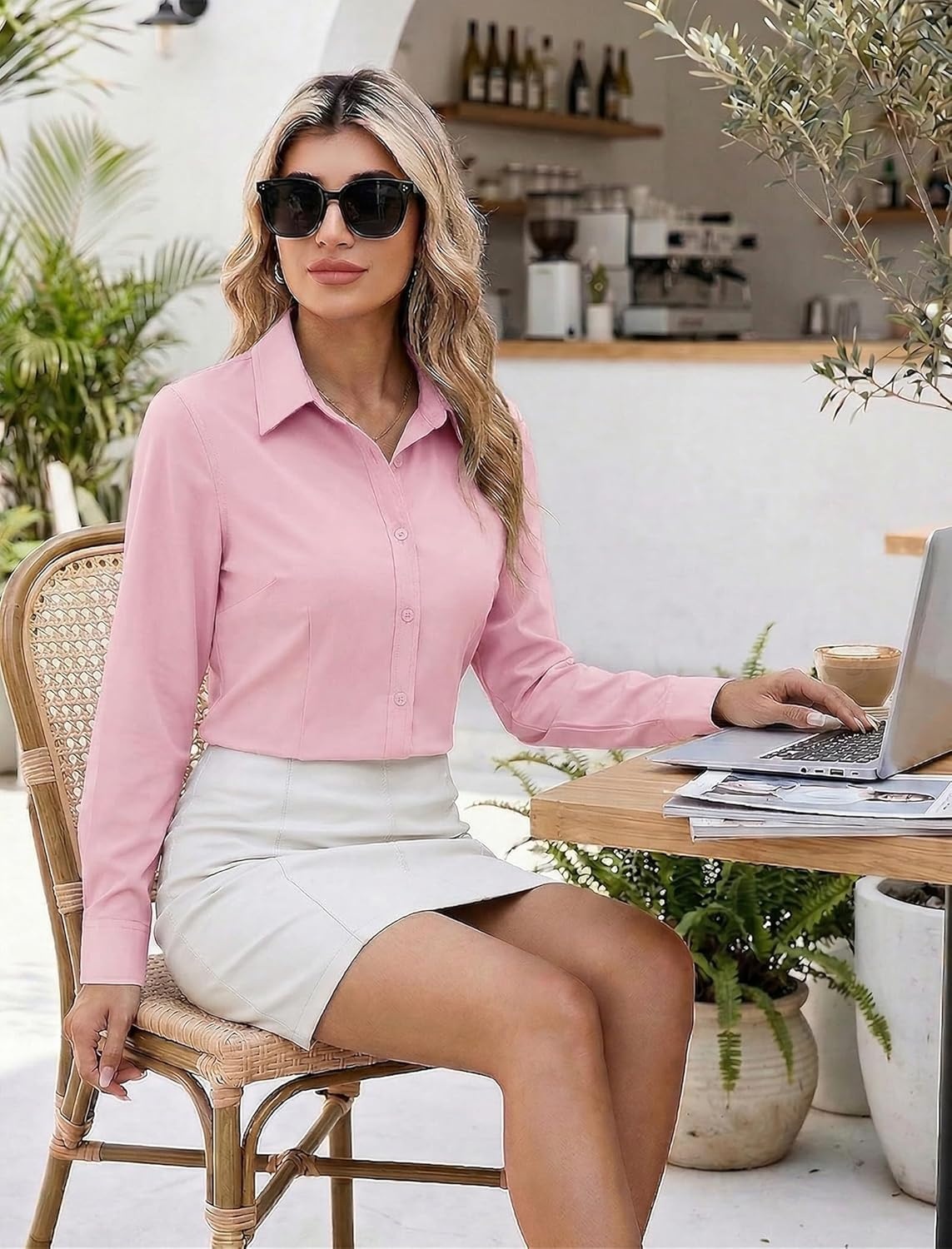 image:imageZeagoo Womens Wrinkle Free Button Down Shirts Long Sleeve Dress Shirts Collared Business Casual Blouses Tops XS3XLPink