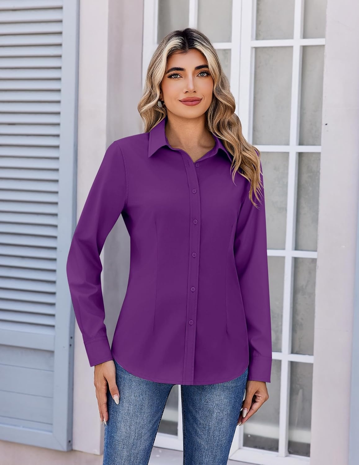 image:imageZeagoo Womens Wrinkle Free Button Down Shirts Long Sleeve Dress Shirts Collared Business Casual Blouses Tops XS3XLPurple