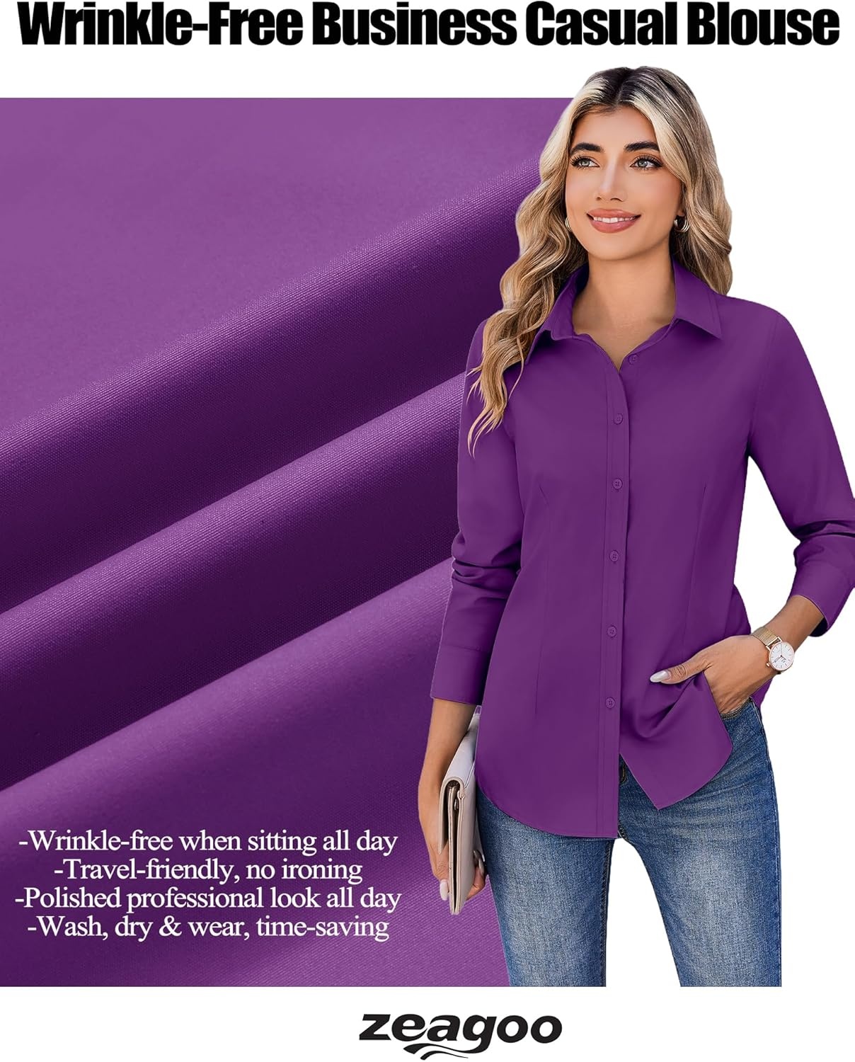 image:imageZeagoo Womens Wrinkle Free Button Down Shirts Long Sleeve Dress Shirts Collared Business Casual Blouses Tops XS3XLPurple