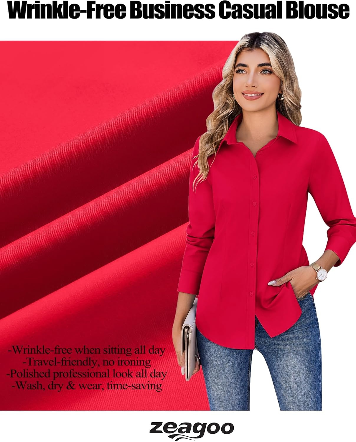 image:imageZeagoo Womens Wrinkle Free Button Down Shirts Long Sleeve Dress Shirts Collared Business Casual Blouses Tops XS3XLRed