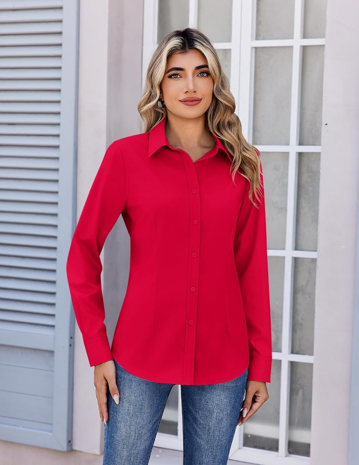 image:imageZeagoo Womens Wrinkle Free Button Down Shirts Long Sleeve Dress Shirts Collared Business Casual Blouses Tops XS3XLRed