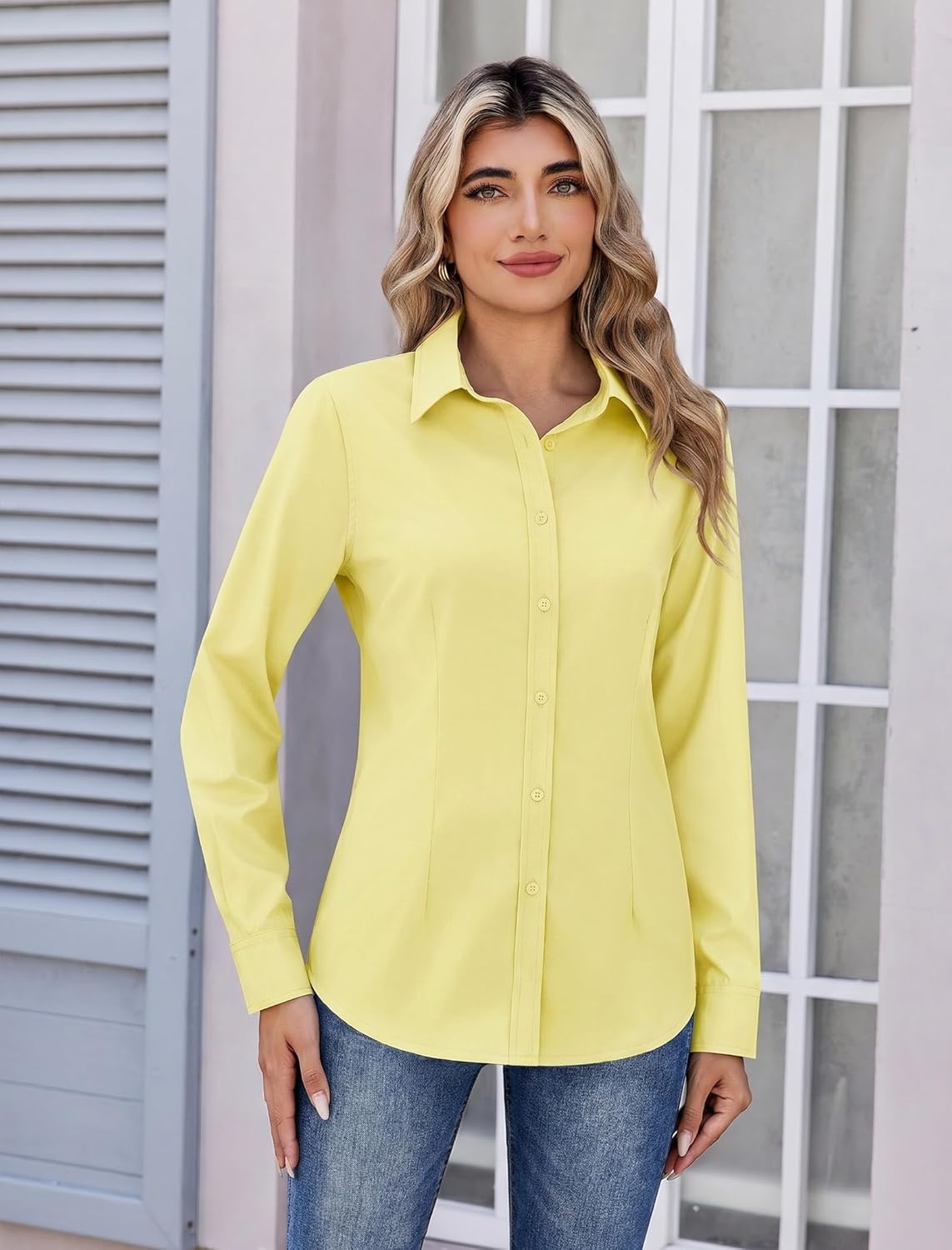 image:imageZeagoo Womens Wrinkle Free Button Down Shirts Long Sleeve Dress Shirts Collared Business Casual Blouses Tops XS3XLYellow