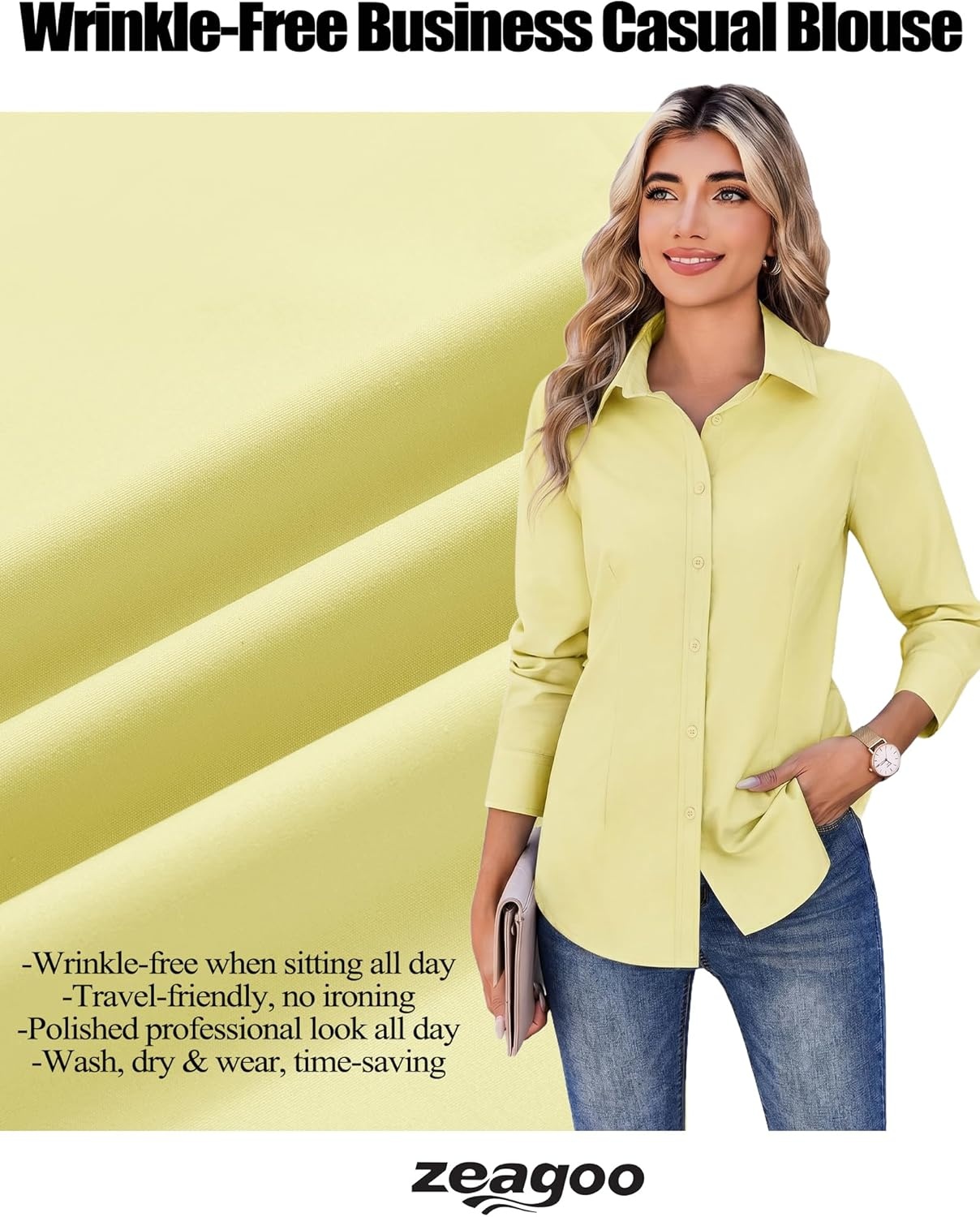 image:imageZeagoo Womens Wrinkle Free Button Down Shirts Long Sleeve Dress Shirts Collared Business Casual Blouses Tops XS3XLYellow