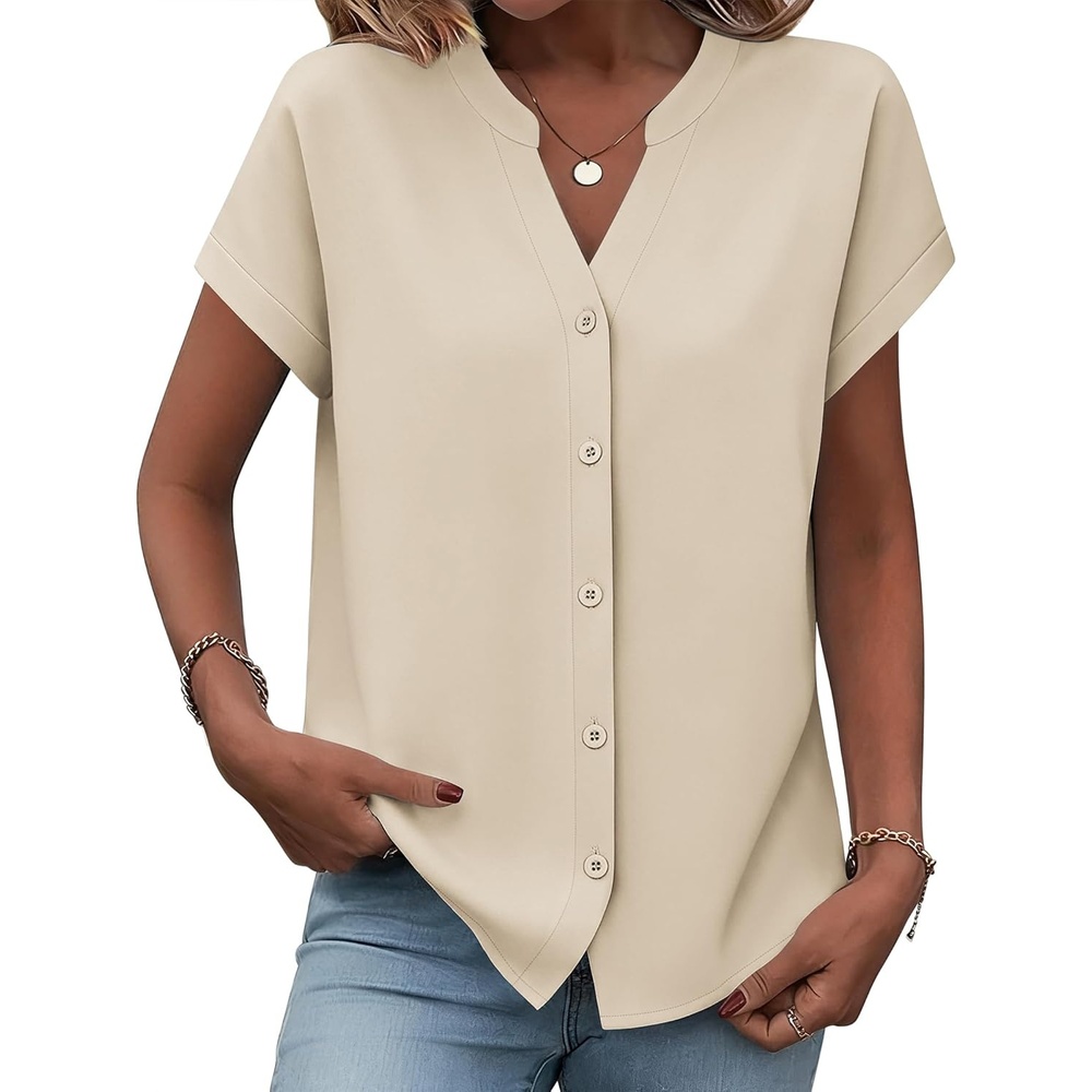image:imageZeagoo Button Down Shirts for Women Short Sleeve Tops V Neck Collar Blouses Business Casual OutfitsBeige