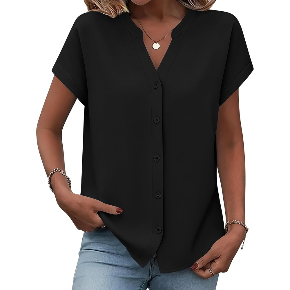 image:imageZeagoo Button Down Shirts for Women Short Sleeve Tops V Neck Collar Blouses Business Casual OutfitsBlack