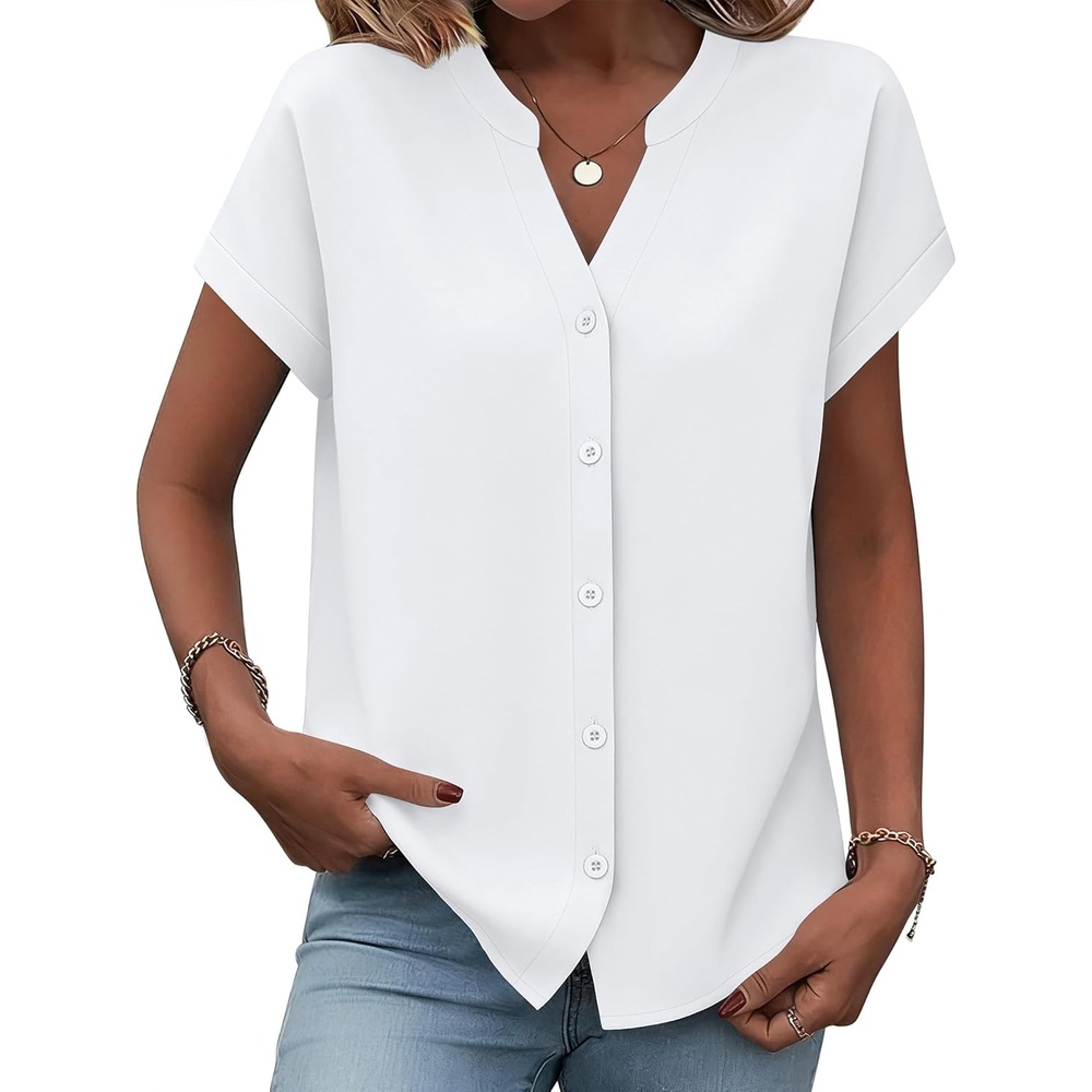 image:imageZeagoo Button Down Shirts for Women Short Sleeve Tops V Neck Collar Blouses Business Casual OutfitsWhite