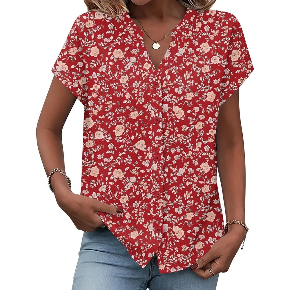 image:imageZeagoo Button Down Shirts for Women Short Sleeve Tops V Neck Collar Blouses Business Casual OutfitsXh546