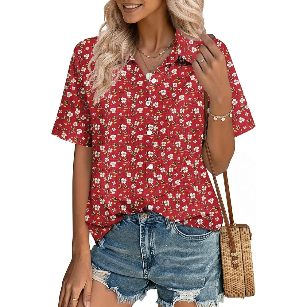image:imageZeagoo Women Button Down Shirt Cotton Linen Blend Short Sleeve V Neck Blouse Dressy Casual Summer Tops Beach Vacation OutfitsRed Ditsy