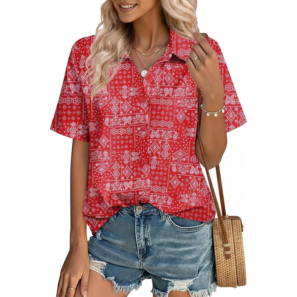 image:imageZeagoo Women Button Down Shirt Cotton Linen Blend Short Sleeve V Neck Blouse Dressy Casual Summer Tops Beach Vacation OutfitsRed Paisley