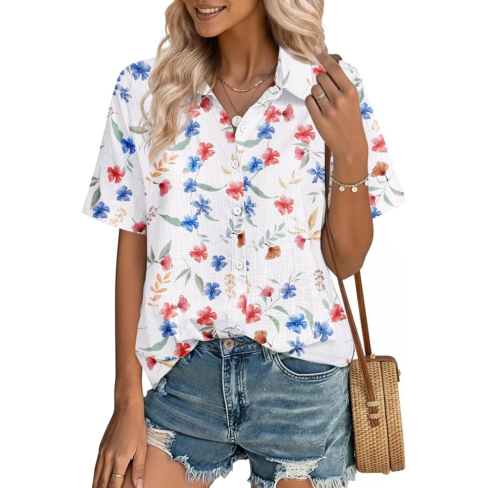 image:imageZeagoo Women Button Down Shirt Cotton Linen Blend Short Sleeve V Neck Blouse Dressy Casual Summer Tops Beach Vacation OutfitsWhite Floral