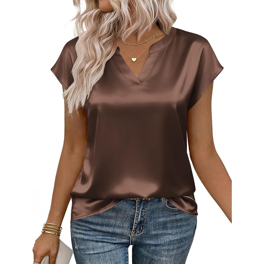 image:imageZeagoo Women Tops Silk Satin Blouses V Neck Summer Shirts Cap Sleeve Business Casual Dressy Spring ClothingBrown