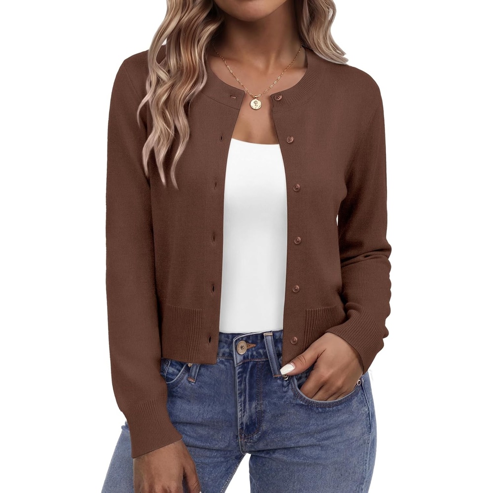 image:imageZeagoo Womens Cropped Cardigan Sweaters 2026 Button Down Long Sleeve Knit Bolero Shrugs for DressesBrown