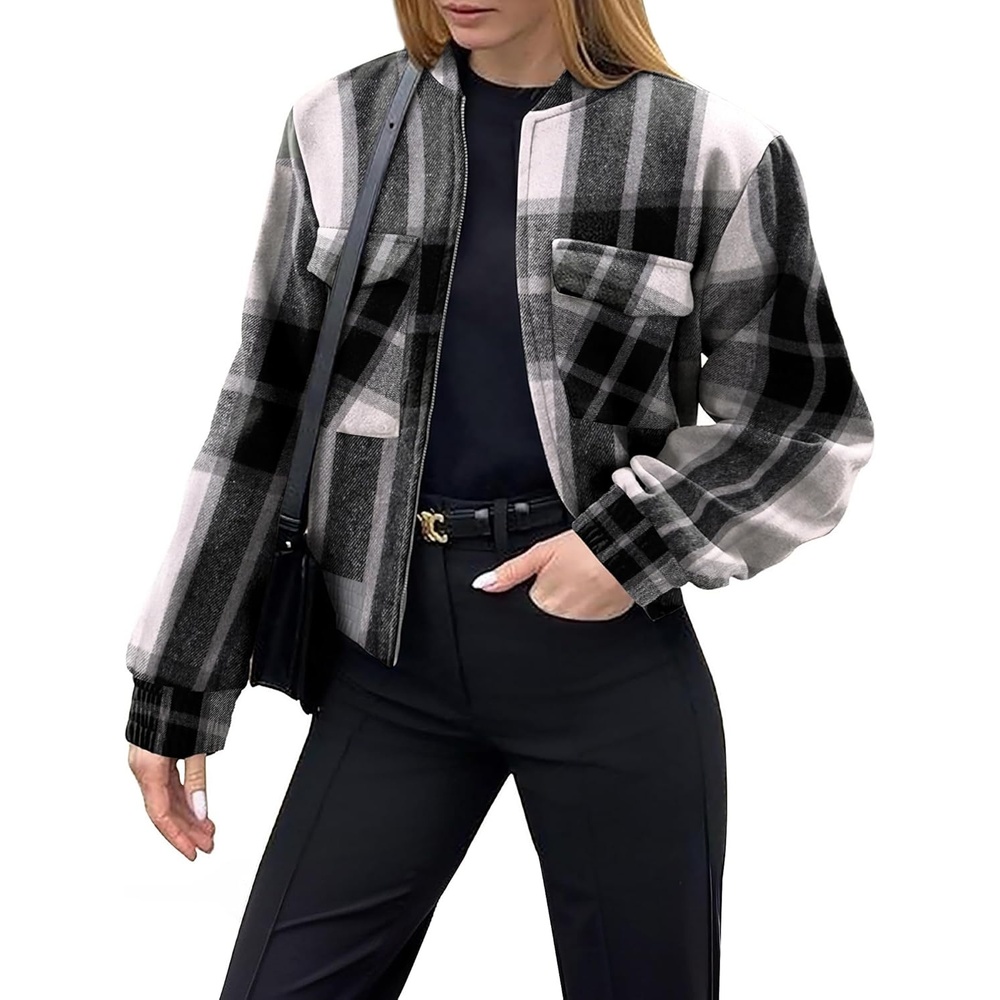 image:imageZeagoo Womens Cropped Jacket Stand Collar Long Sleeve Zip Up Shackets Bomber Jacket Coats with PocketsBlack Plaid Flannel