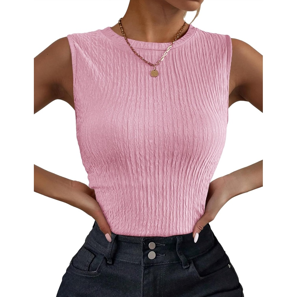 image:imageZeagoo Womens Ribbed Tank Top Sleeveless Basic Camisole Tops High Neck Trendy Tank TopsLight PinkSXXL