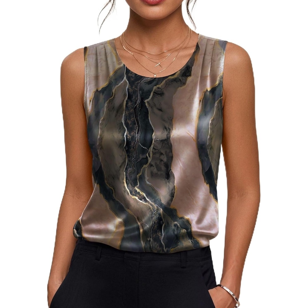 image:imageZeagoo Womens Satin Tank Top Pleated Shoulder Sleeveless Blouse Round Neck Dressy Business Casual Work Office Summer TopCx278