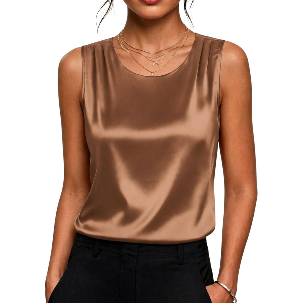 image:imageZeagoo Womens Satin Tank Top Pleated Shoulder Sleeveless Blouse Round Neck Dressy Business Casual Work Office Summer TopDark Khaki