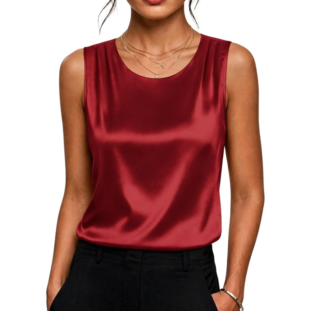 image:imageZeagoo Womens Satin Tank Top Pleated Shoulder Sleeveless Blouse Round Neck Dressy Business Casual Work Office Summer TopRed