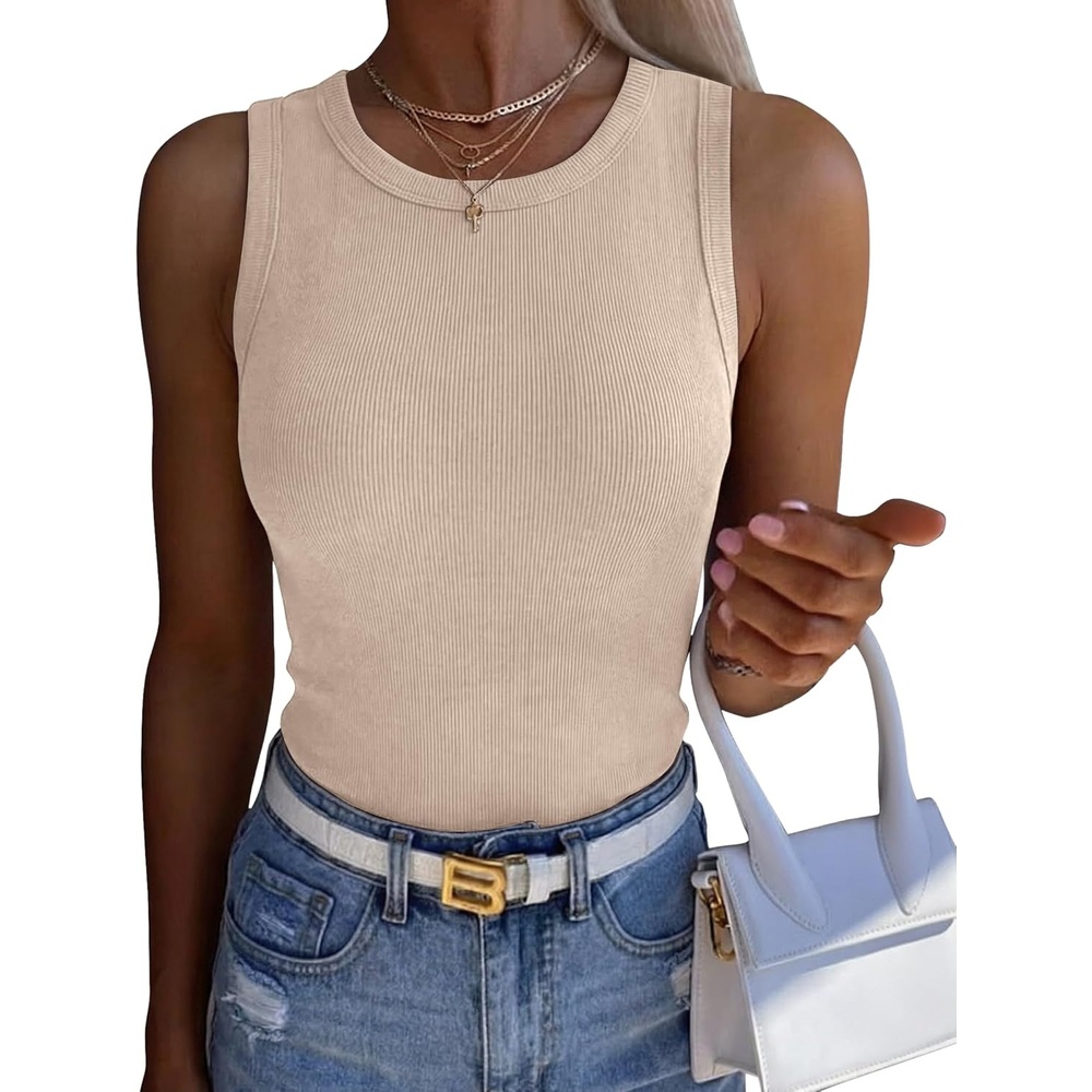 image:imageZeagoo Womens Sleeveless Crewneck Ribbed Tank Tops Casual Basic Summer Top Slim Fitted Racerback ShirtsLight Khaki
