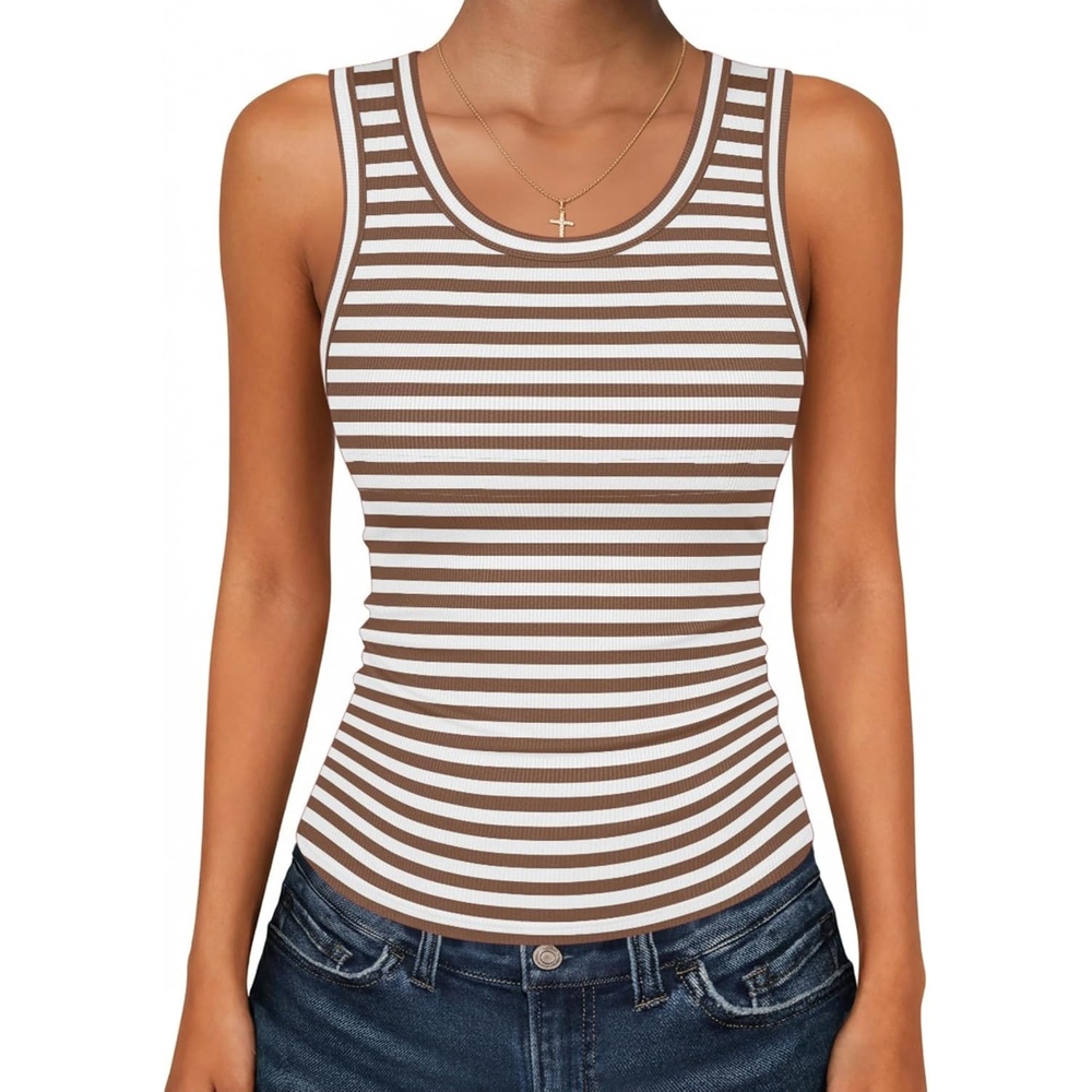 image:imageZeagoo Womens Tank Tops 2026 Scoop Neck Ribbed Sleeveless Top Casual Basic Slim Fitted Knit Cami Tee ShirtsAtw541 Stripe Brown White