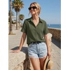 Zeagoo Women Button Down Shirt Cotton Linen Blend Short Sleeve V Neck Blouse Dressy Casual Summer Tops Beach Vacation Outfits(A-green)