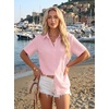 Zeagoo Women Button Down Shirt Cotton Linen Blend Short Sleeve V Neck Blouse Dressy Casual Summer Tops Beach Vacation Outfits(A-pink)
