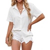Zeagoo Women Button Down Shirt Cotton Linen Blend Short Sleeve V Neck Blouse Dressy Casual Summer Tops Beach Vacation Outfits(A-white)