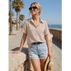 Zeagoo Women Button Down Shirt Cotton Linen Blend Short Sleeve V Neck Blouse Dressy Casual Summer Tops Beach Vacation Outfits(Beige)