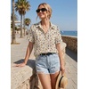 Zeagoo Women Button Down Shirt Cotton Linen Blend Short Sleeve V Neck Blouse Dressy Casual Summer Tops Beach Vacation Outfits(Beige Ditsy)