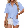Zeagoo Women Button Down Shirt Cotton Linen Blend Short Sleeve V Neck Blouse Dressy Casual Summer Tops Beach Vacation Outfits(Blue)