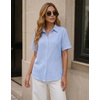 Zeagoo Women Button Down Shirt Cotton Linen Blend Short Sleeve V Neck Blouse Dressy Casual Summer Tops Beach Vacation Outfits(Blue)