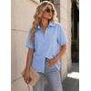 Zeagoo Women Button Down Shirt Cotton Linen Blend Short Sleeve V Neck Blouse Dressy Casual Summer Tops Beach Vacation Outfits(Blue)