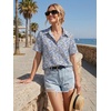 Zeagoo Women Button Down Shirt Cotton Linen Blend Short Sleeve V Neck Blouse Dressy Casual Summer Tops Beach Vacation Outfits(Blue Ditsy)