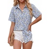 Zeagoo Women Button Down Shirt Cotton Linen Blend Short Sleeve V Neck Blouse Dressy Casual Summer Tops Beach Vacation Outfits(Blue Ditsy)