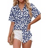 Zeagoo Women Button Down Shirt Cotton Linen Blend Short Sleeve V Neck Blouse Dressy Casual Summer Tops Beach Vacation Outfits(Deep Blue Floral)