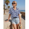 Zeagoo Women Button Down Shirt Cotton Linen Blend Short Sleeve V Neck Blouse Dressy Casual Summer Tops Beach Vacation Outfits(Deep Blue Floral)