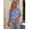 Zeagoo Women Button Down Shirt Cotton Linen Blend Short Sleeve V Neck Blouse Dressy Casual Summer Tops Beach Vacation Outfits(Deep Blue Floral)
