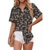 Zeagoo Women Button Down Shirt Cotton Linen Blend Short Sleeve V Neck Blouse Dressy Casual Summer Tops Beach Vacation Outfits(Deep Brown Blossom)
