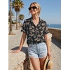 Zeagoo Women Button Down Shirt Cotton Linen Blend Short Sleeve V Neck Blouse Dressy Casual Summer Tops Beach Vacation Outfits(Deep Brown Blossom)