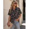 Zeagoo Women Button Down Shirt Cotton Linen Blend Short Sleeve V Neck Blouse Dressy Casual Summer Tops Beach Vacation Outfits(Deep Brown Blossom)