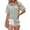 Zeagoo Women Button Down Shirt Cotton Linen Blend Short Sleeve V Neck Blouse Dressy Casual Summer Tops Beach Vacation Outfits(Green Ditsy)