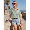 Zeagoo Women Button Down Shirt Cotton Linen Blend Short Sleeve V Neck Blouse Dressy Casual Summer Tops Beach Vacation Outfits(Green Ditsy)