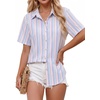 Zeagoo Women Button Down Shirt Cotton Linen Blend Short Sleeve V Neck Blouse Dressy Casual Summer Tops Beach Vacation Outfits(Multi-stripe)