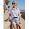 Zeagoo Women Button Down Shirt Cotton Linen Blend Short Sleeve V Neck Blouse Dressy Casual Summer Tops Beach Vacation Outfits(Multi-stripe)