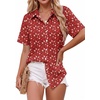 Zeagoo Women Button Down Shirt Cotton Linen Blend Short Sleeve V Neck Blouse Dressy Casual Summer Tops Beach Vacation Outfits(Red Ditsy)