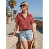 Zeagoo Women Button Down Shirt Cotton Linen Blend Short Sleeve V Neck Blouse Dressy Casual Summer Tops Beach Vacation Outfits(Red Ditsy)