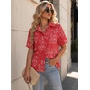 Zeagoo Women Button Down Shirt Cotton Linen Blend Short Sleeve V Neck Blouse Dressy Casual Summer Tops Beach Vacation Outfits(Red Paisley)