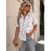 Zeagoo Women Button Down Shirt Cotton Linen Blend Short Sleeve V Neck Blouse Dressy Casual Summer Tops Beach Vacation Outfits(White Floral)